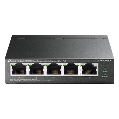Switch PoE No Administrable / 5 Puertos 10/100 Mbps / 4 Puertos PoE 802.3af / Presupuesto 41 W / Extensión PoE 250 m (820 ft) / Sin Ventilador