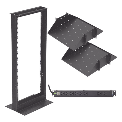 Kit de Rack 19" / 24 UR / 2 Charolas Centrales / PDU 10 Tomas 110 VCA / 15 A Máx.