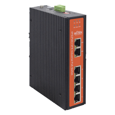 Switch Industrial PoE / 4 Puertos Fast Ethernet 802.3af/at / 2 Puertos Uplink Gigabit / PoE Extendido 250 m / Rango -30°C a 65°C