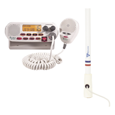 Kit de radio marina / 25 W / Antena fibra de vidrio 2.4 m / 7.9 ft / Cable RG-58 4.5 m / 14.8 ft / DSC / Triple cobertura canales