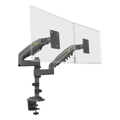 Brazo de Escritorio para 2 Monitores / 17 a 27 Pulgadas / Carga 9 kg por Monitor / VESA 75x75 y 100x100 / Rotación 360° / Amortiguador de Gas / Acero
