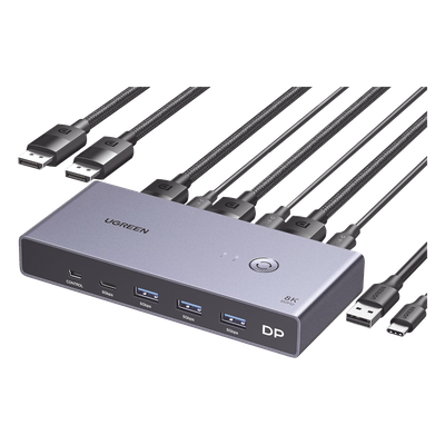 Conmutador KVM DisplayPort / 8K@60Hz / HDR / 2×1 DP 1.4 / 4 Puertos USB 3.0 / Carcasa Aluminio