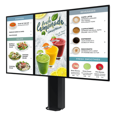 Kiosco digital exterior / 55" / IP65 / UL 48 / Base pedestal 8" / Rotación 30° / 3 pantallas / 1.83 m / Drive-thru