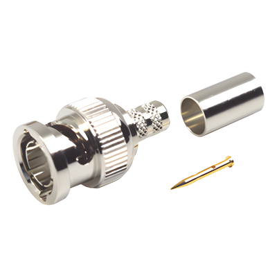 Conector BNC Macho / 75 Ohm / Anillo Plegable / Engarzado / Níquel-Oro-Delrin / RG-59/U