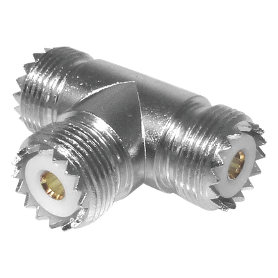 Adaptador RF / Triple UHF Hembra / Forma T / SO-239 / Níquel-Plata / Delrin
