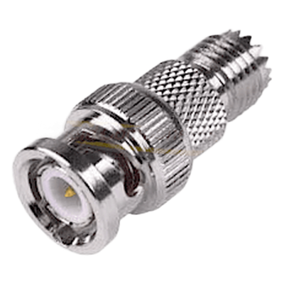 Adaptador RF / Mini-UHF Hembra a BNC Macho / Montaje en Línea / 50 Ohm / Bronce Niquelado / Aislante de Teflón