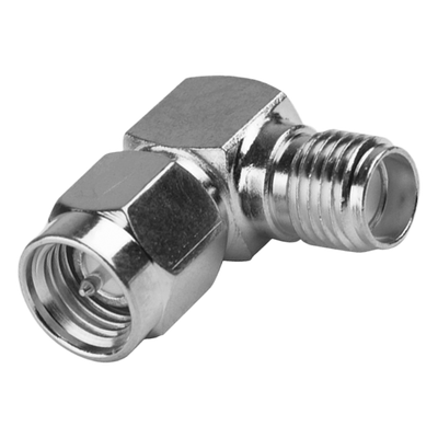 Adaptador RF Coaxial / Ángulo Recto / SMA Macho a SMA Hembra / Cuerpo Bronce Niquelado / Contacto Oro / Aislante Teflón