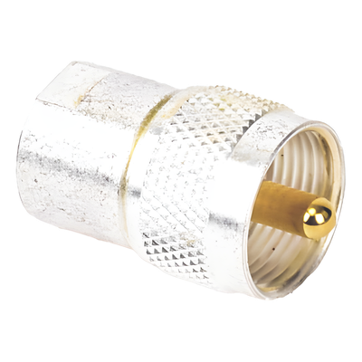 Adaptador Coaxial / Hembra UNIDAPT a Macho UHF PL-259 / Bronce Chapado Plata / Contactos Oro / Dieléctrico Teflón