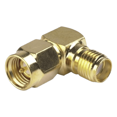 Adaptador RF / SMA Macho a SMA Hembra / Ángulo Recto / Cuerpo Bronce Oro / Contacto Oro / Dieléctrico Teflón
