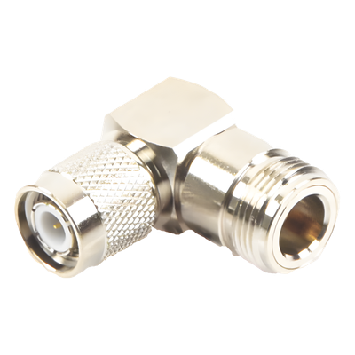 Adaptador Coaxial / Ángulo Recto / TNC Macho a N Hembra / Cuerpo Bronce Niquelado / Contacto Oro 24K / Aislante Teflón