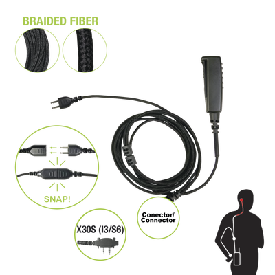 Cable para Micrófono Audífono / Conector Snap Intercambiable / 2 Pines Icom / Cable Trenzado de Fibra / Clip Metálico con PTT 360°